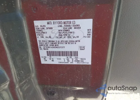 2005 Ford F-150 Fx4/Lariat/Xlt z USA, uszkodzony, nr VIN 1FTPW14505KE57377